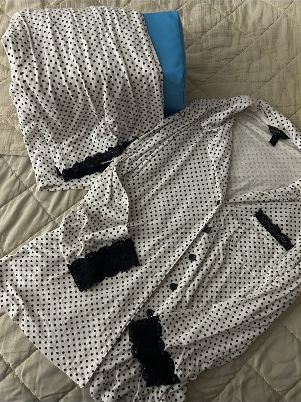 Soma White Polka Dot Pajama Set with Black Lace Trim